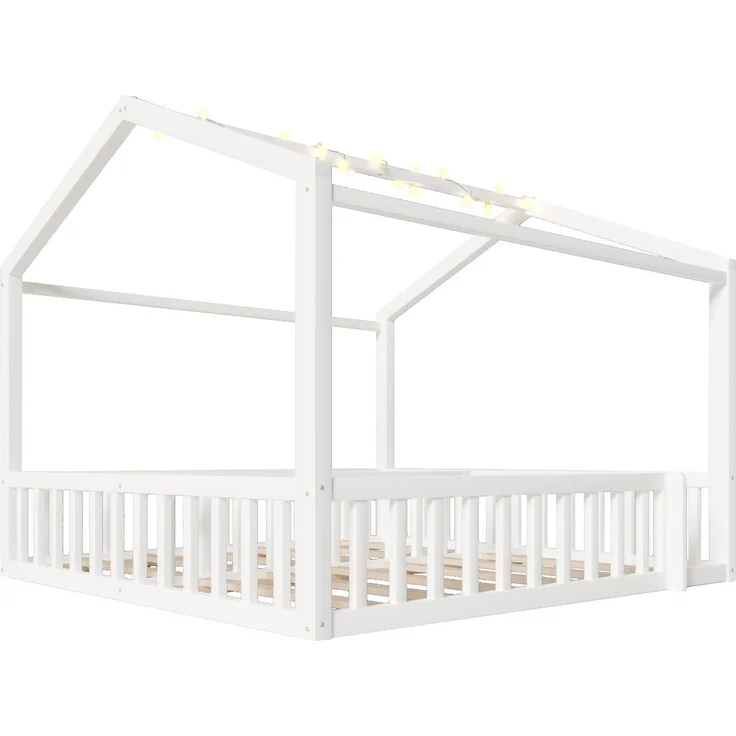 Hausbett mit LED Kugel-Lichterkette, 90x190cm*2/180x190cm, Kinderbett mit Rausfallschutz und Lattenrost, Kiefer – Bild 9