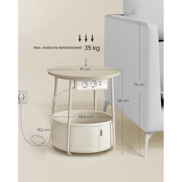 VASAGLE Beistelltisch rund, Kleiner Tisch, Couchtisch mit Steckdose, Wohnzimmertisch, Korb aus Stoff, Stauraum für Wohnzimmer Schlafzimmer, Nachttisch modern, naturbeige-cremeweiß LET228LL01 – Bild 3