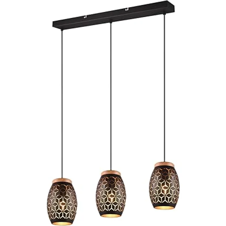 lightling Pendelleuchte Bill, 3-flammig, höhenverstellbar, mit Holzakzenten, schwarz-gold, 150 cm Höhe, 71 cm Breite, Deckenmontage
