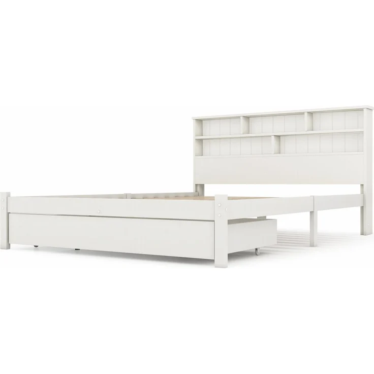 Holzbett, Doppelbett inkl. Schublade und Lattenrost, Kopfteil mit Regal, 140x200 cm, Holzbett aus Kiefer – Bild 8