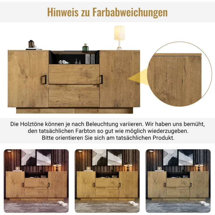 Merax Kommode Sideboard mit 2 Schubladen + 2 Schränken (innen höhenverstellbar) & offenem Fach - ESG-Glas & schwarze Griffe, H70/B140/T40 cm – Bild 8