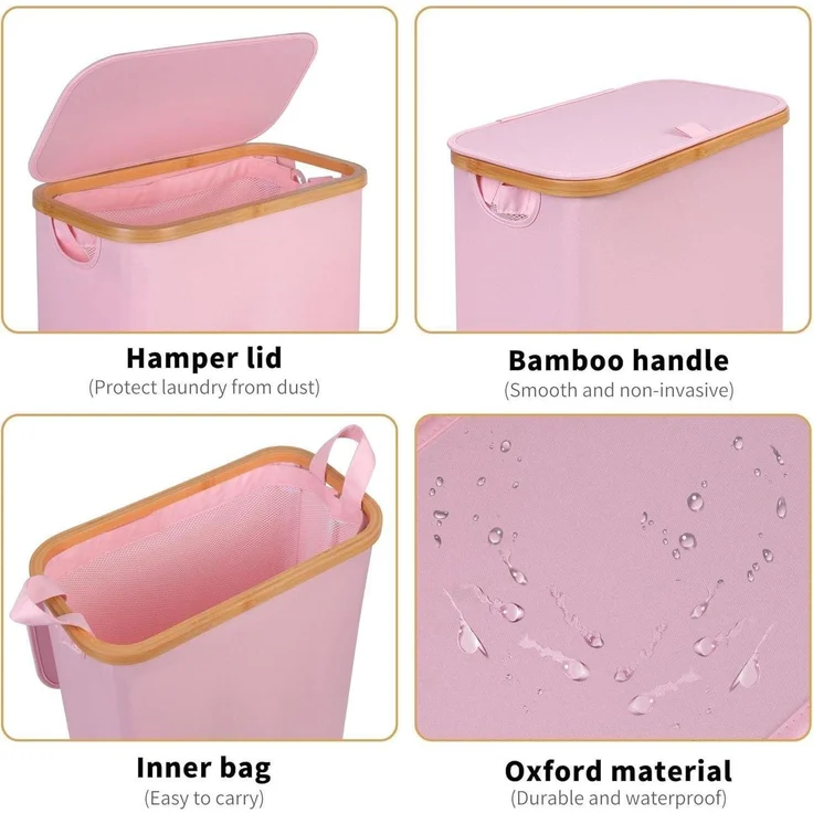 Wäschekorb mit Deckel 60L Rosa Bambusgriff Faltbarer Slim für Schlafzimmer – Bild 4