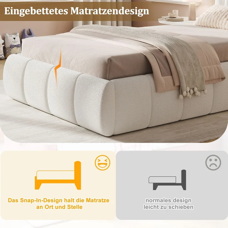 Merax Polsterbett, Einzelbett, Kinderbett 90 x 200cm, hydraulisches Funktionsbett, Bett mit Lattenrost, Kopfteil und großem Stauraum, gepolstertes Kopfteil, bouclé, beige – Bild 5