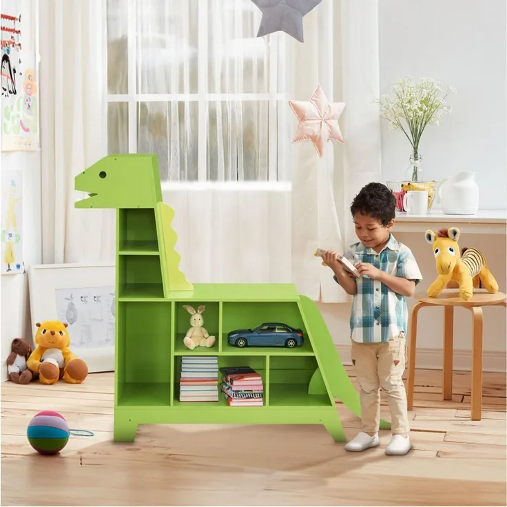 Teamson Kids Dinosaurier-förmiges Bücherregal/Spielzeug-Organizer mit verschiedenen Fächern, Grün