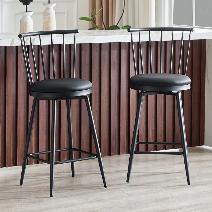 Barhocker 96x39x39 cm im 1er-Set, Windsor-Rücken, gepolsterter PU-Sitz, Schwarz – Bild 1