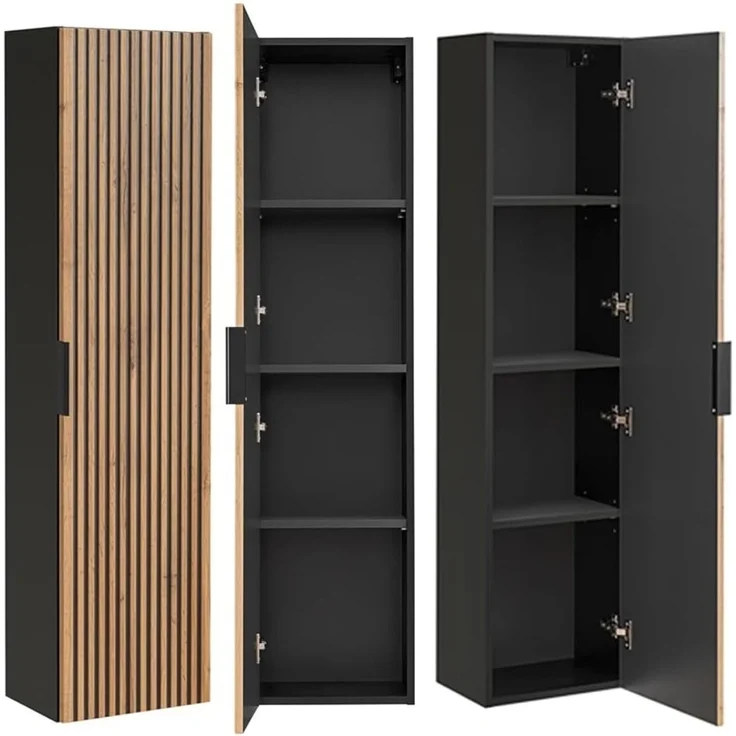 Badezimmer Hochschrank XANTEN-56 in anthrazit mit Eiche Nb. schwarz gerillt, B/H/T: ca. 35/140/25 cm – Bild 1