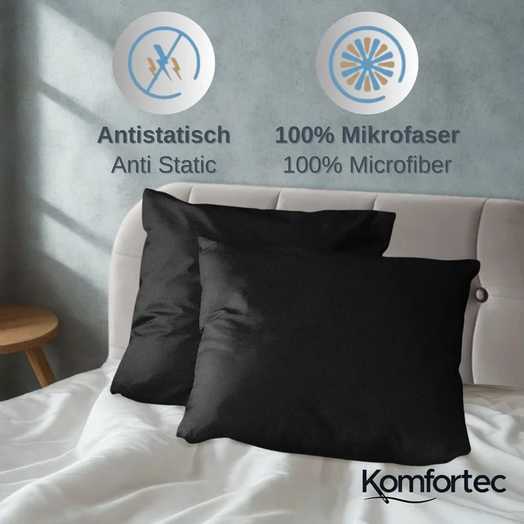 Komfortec Premium Bettwäsche 200x200 mit 2 Kissenbezug 80x80 cm Set aus Gebürstetes Mikrofaser - Schwarz – Bild 2