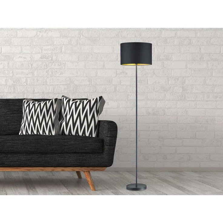 Moderne Stehleuchte HOSTEL mit Lampenschirm aus Stoff in Schwarz & Gold H: 160cm