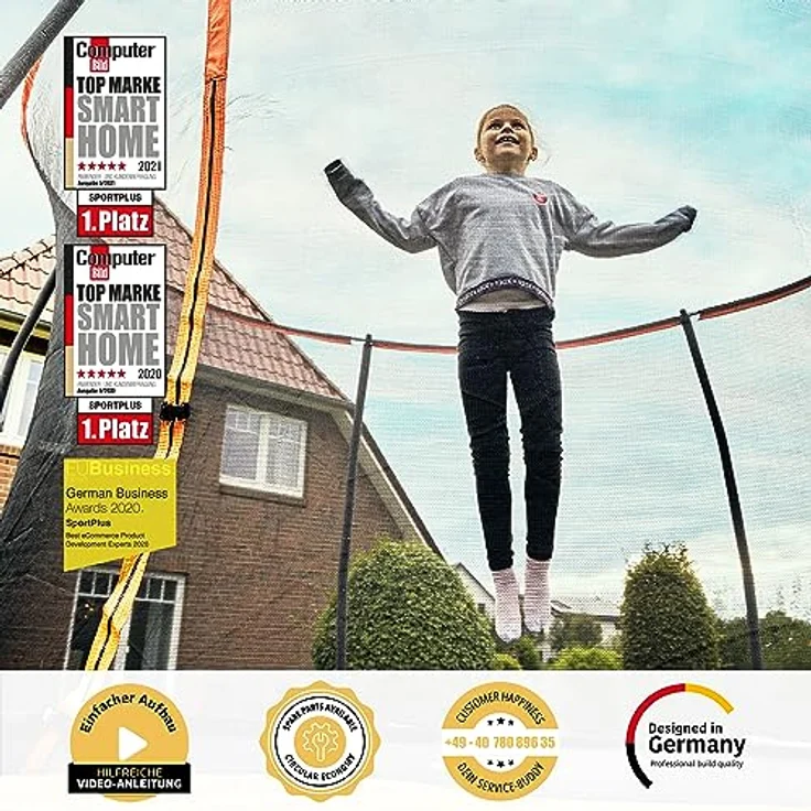 SportPlus Trampolin SP-T-305 / SP-T-366, Garten-Trampolin mit gepolsterten Stangen, innenliegendem Sicherheitsnetz, extra sicherer Randabdeckung, angenehmer Federung, Tiger Orange / Sun / Pacific Blue – Bild 2