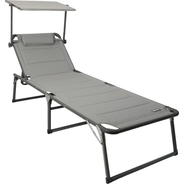 HOMECALL Aluminium-Sonnenliege mit 2x1 Textilene-Polsterung, schnelltrocknendem Schaumstoff, Tasche und Sonnendach, XXL (200x70 cm), Hellgrau