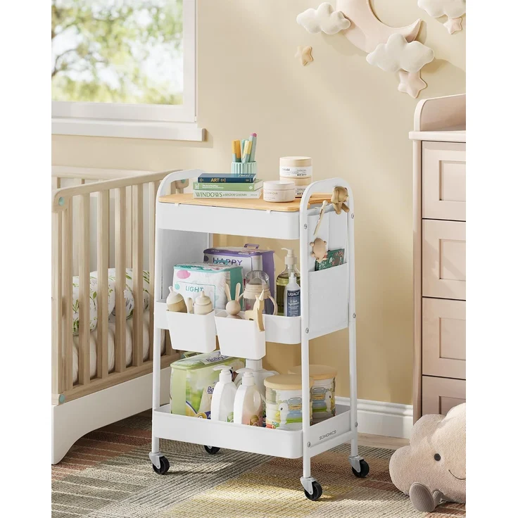 Songmics Rollwagen, Küchenwagen, 3 Metallgitterablagen, Servierwagen, 2 abnehmbare Hängebehälter, 2 Organizer, für Büro, Küche Wohnzimmer, Badezimmer, – Bild 6