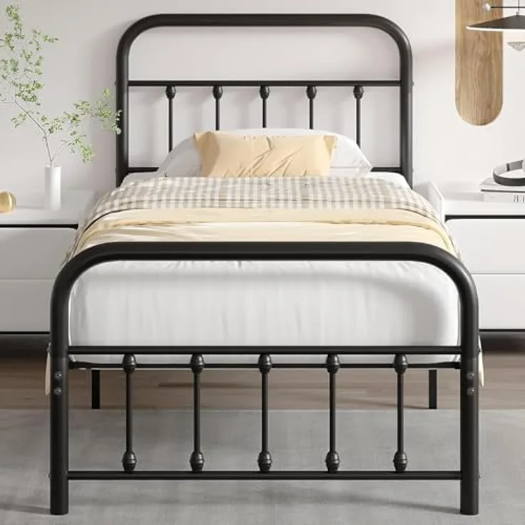 VECELO Bettrahmen 90 x 200 cm Metallbett mit Lattenrost und Hohem Kopfteil, Modern Gästebett Jugendbett, Einfacher Aufbau für Schlafzimmer Gästezimmer, Schwarz