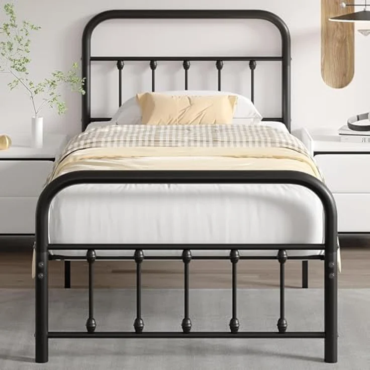 VECELO Bettrahmen 90 x 200 cm Metallbett mit Lattenrost und Hohem Kopfteil, Modern Gästebett Jugendbett, Einfacher Aufbau für Schlafzimmer Gästezimmer, Schwarz – Bild 1