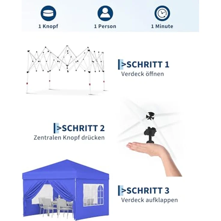 Faltpavillon 3x3 m wasserdicht stabil mit 4 Seitenwänden – Pop up Pavillon faltbar aus 420D Oxford, UV-Schutz 50+, 3-Fach höhenverstellbar, Partyzelt mit Tragetasche für Garten & Outdoor (Blau) – Bild 3