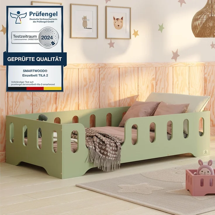 smartwood Kinderbett Bodenbett 120x180 mit Rausfallschutz & Lattenrost - Grün - Kinder Montessori Bett TILA 2L mit glatten Kanten - Betten für schnelle Montage - Bis 300 kg belastbar – Bild 1