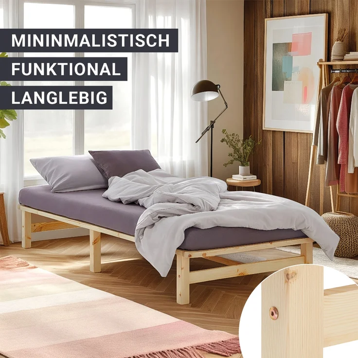 Holzbett Holzbettrahmen Palettenbett Einzelbett 100x200 Bett Massiv Holz Jugendbett Gästebett Futonbett Lattenrost – Bild 4