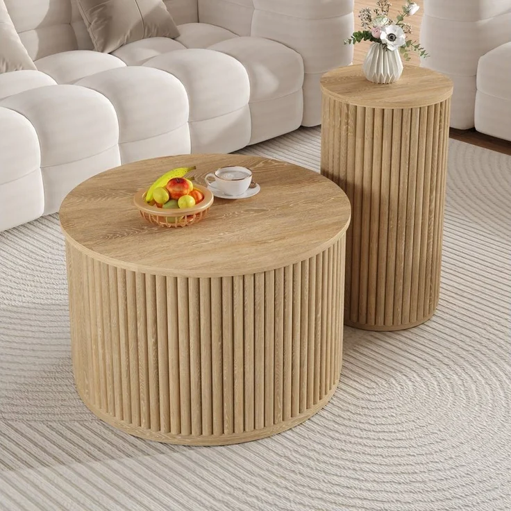 BlingBin Couchtisch Beistelltisch Wohnzimmertisch (1-St, Doppelter runder Tisch), 60 x 60 x 38,5 cm + 30 x 30 x 56 cm, Natur – Bild 5