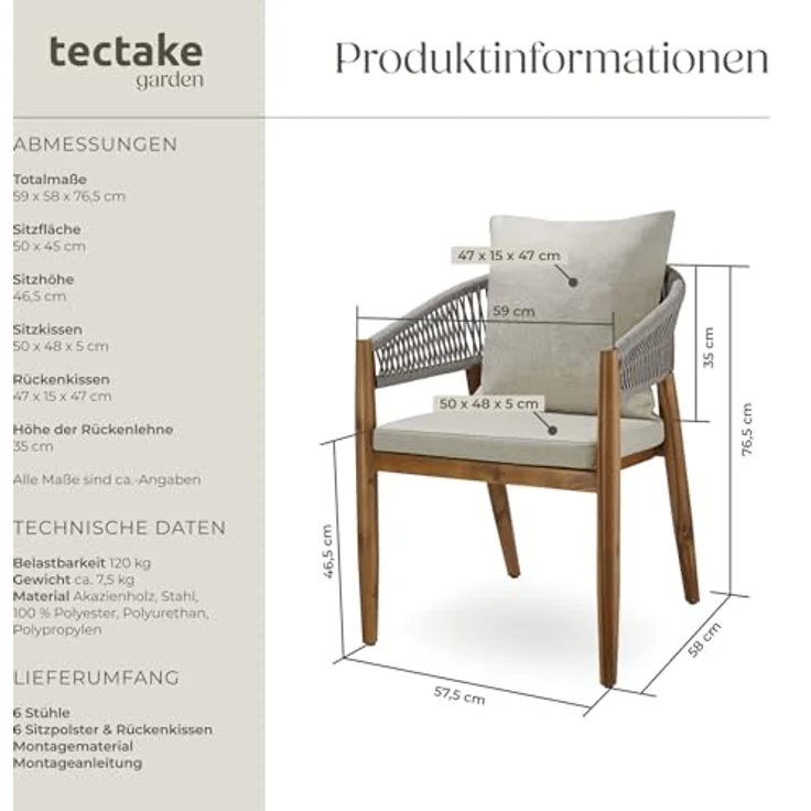 tectake® Gartenmöbel Set, Gartenstuhl Holz Rope Design, Balkon Sessel, Outdoor Möbel, Gartenstühle, Balkonmöbel, Terrassenmöbel, Wintergarten, Sitzgruppe Outdoor, Balkonstühle - Greige, 6er Set – Bild 3