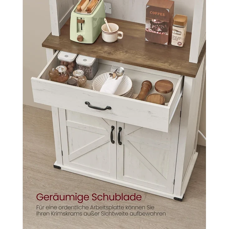 VASAGLE Sideboard mit Beleuchtung und Ladestation, Küchenschrank, Aufbewahrungsschrank, mit Türen und Schubladen, 39,5 x 80,4 x 180,6 cm, verstellbare Ablagen, Landhausstil, vintageweiß – Bild 7