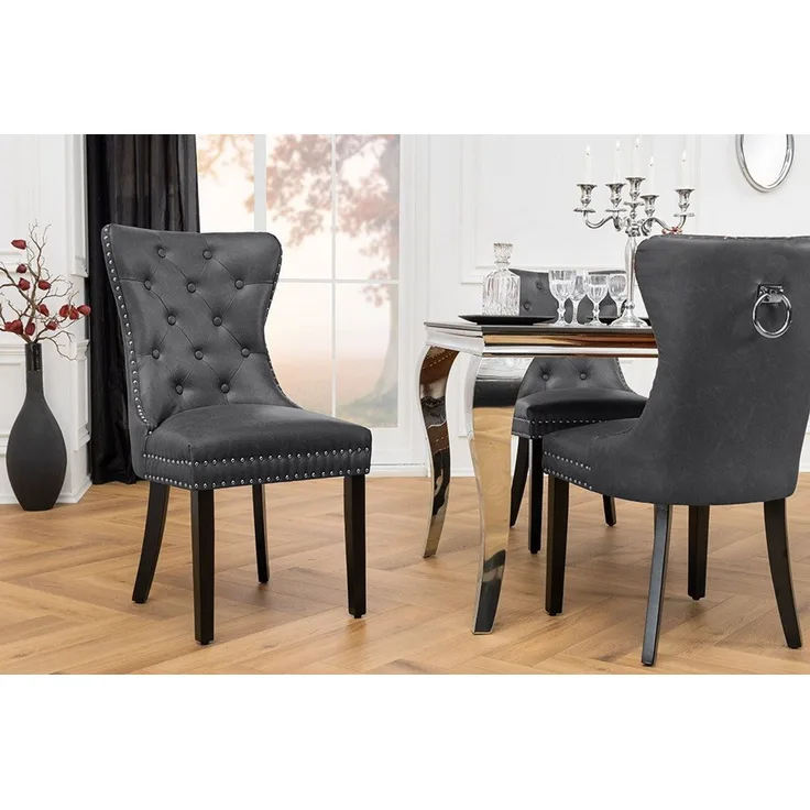 riess-ambiente Esszimmerstuhl CASTLE schwarz - Kunstleder, Holzbeine, Komfortgriff, Ziernieten (Einzelartikel, 1 St), Barock & Chesterfield-Kombination - ideal für Küche & Esszimmer