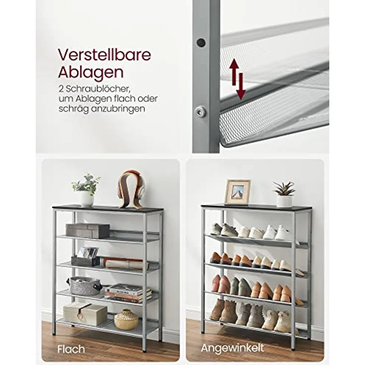 VASAGLE Schuhregal, Schuhablage, 5 Ebenen, große Oberfläche, verstellbare Gitterablagen, platzsparend für Eingangsbereich Flur, Metall, Industrie-Stil, anthrazitgrau-metallisches Silber LBS038E22 – Bild 7