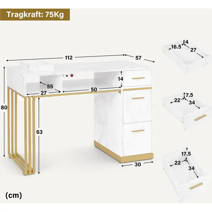 BarberPub Manikürtisch mit 3 Schubladen & 2 Ablagen, Nageltisch mit Absaugung, 2 Staubsaugerbeuteln, Nagelfrisiertisch Holz, Schreibtisch für Nagelstudio, Marmor-Weiß Gold, 57x112x80cm, 2472 – Bild 3