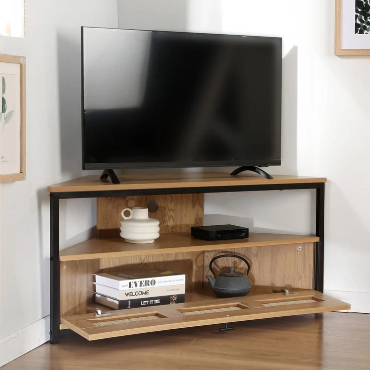 Casâme 'JAYA' TV-Eckschrank, 1 Tür, mit Rattangeflecht, L100 cm - Helles Holz – Bild 3
