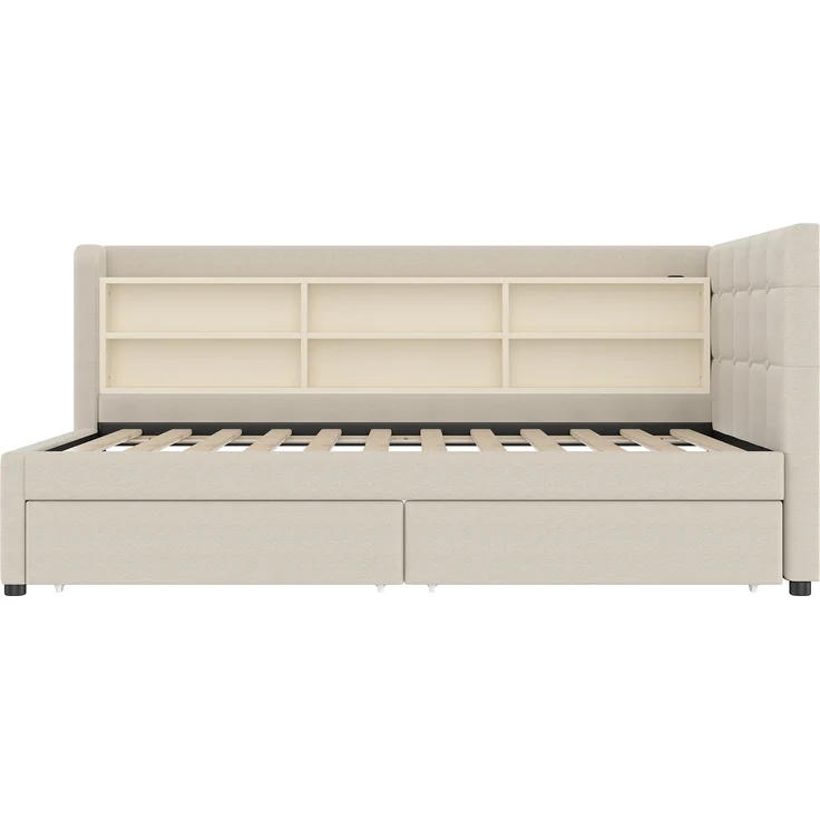 Daybett 90x200 cm mit 2 Schubladen, USB- & Typ-C-Anschlüssen, gepolstertem Leinenbezug und elegantem Knopfdesign, Beige – Bild 10