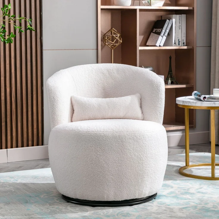 Schaukelstuhl aus Teddyplüsch in Weiß mit 360° Drehfunktion, ergonomischer Lendenstütze und Holzrahmen, Loungesessel mit Metallfuß – Bild 5
