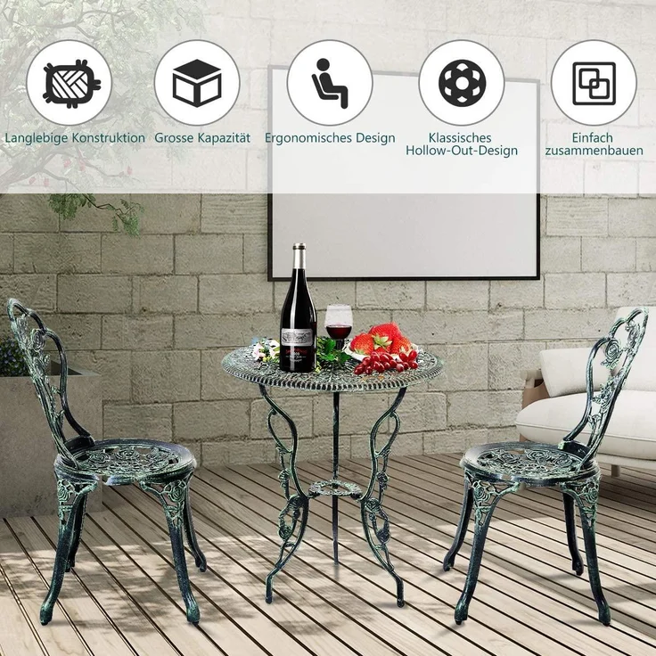 COSTWAY 3tlg. Antik Bistroset Sitzgruppe Balkonset Gartenset Sitzgarnitur
Gartengarnitur Gartenmöbel Bistrotisch Gartentisch mit 2 Stühle Aluminiumguss – Bild 3