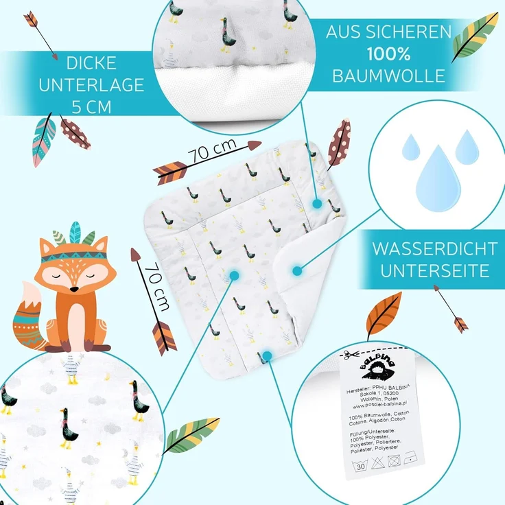 Balbina® Wickelunterlage aus Baumwolle weiche Wickeltischauflage für Wickelkommoden waschbar 70x70 I Gänse auf Weiß – Bild 3