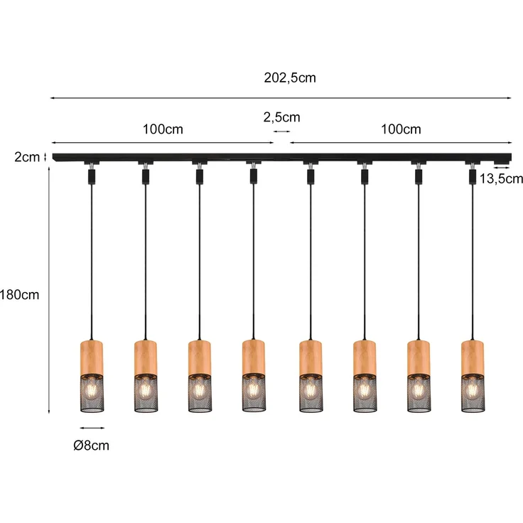 Lichtschienensystem mit 8x Holz Pendel & Einspeisung 4-adrig, Länge 202,5cm – Bild 12