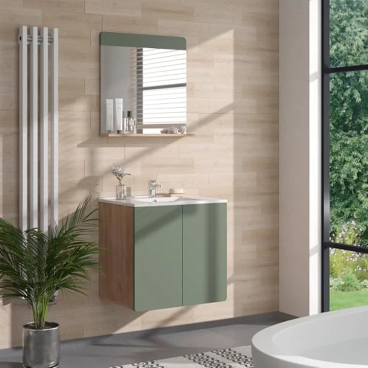 Vichy Badmöbel-Set Izan, 3 Teile in Goldkraft Eiche/Grün mit Spiegelschrank und Beleuchtung – Bild 3