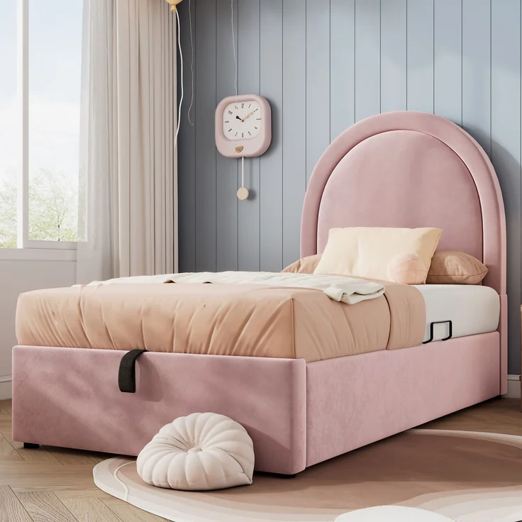 Polsterbett 90x200 cm Rosa Samt mit Stauraum, hydraulischem Lattenrost, Halbkreis-Kopfteil, modernes Jugendbett – Bild 1