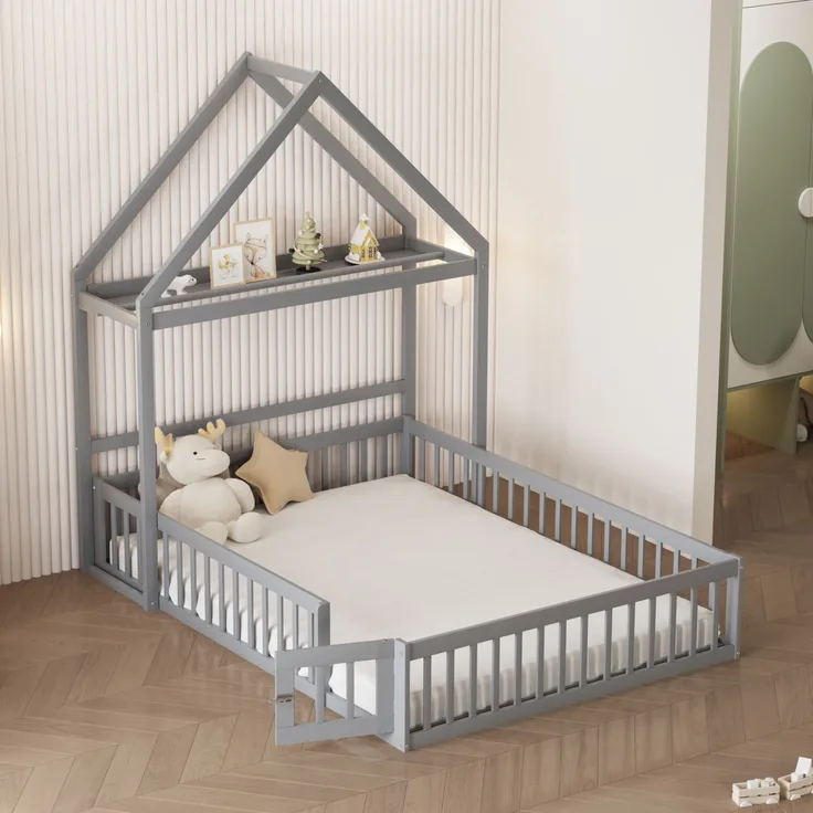 Kinderbett 140 x 200, Kinderbettgestell aus Massivholz mit Stauraum, Vollschutzgitter und Türen und Lattenrost, Grau
