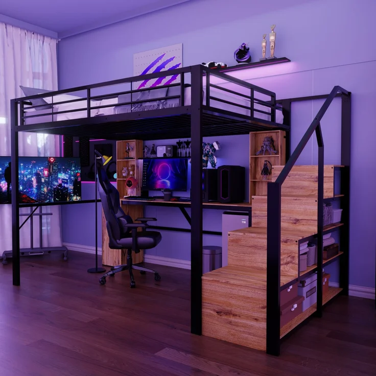 EINHOM Hochbett aus Metall, 140 x 200 cm, mit stabiler Eisenkonstruktion, praktischem Schreibtisch, Ablagefächern, Schrank, Stauraum-Treppe und USB-Ladeanschluss am Tisch – ohne Matratze, in Schwarz – Bild 5