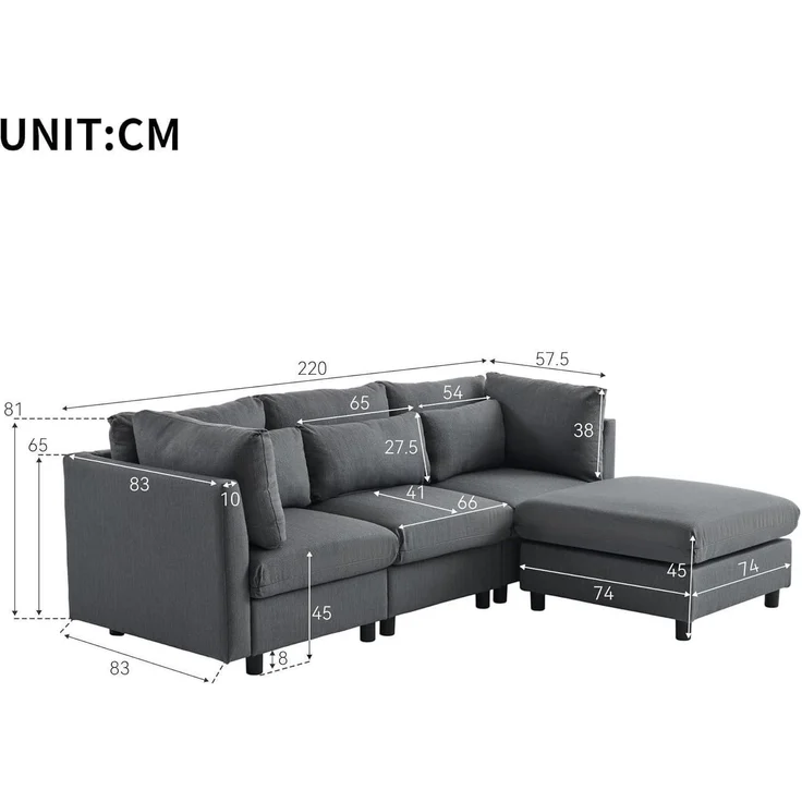 Sofa Ecksofa Dreisitzer Fußhocker Polstermöbel Grau – Bild 2