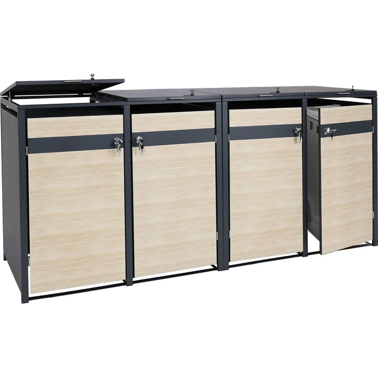4er Mülltonnenverkleidung HWC-J82, Mülltonnenbox, erweiterbar, Metall 100kg, anthrazit ~ Buche-Holzoptik hellbraun – Bild 1