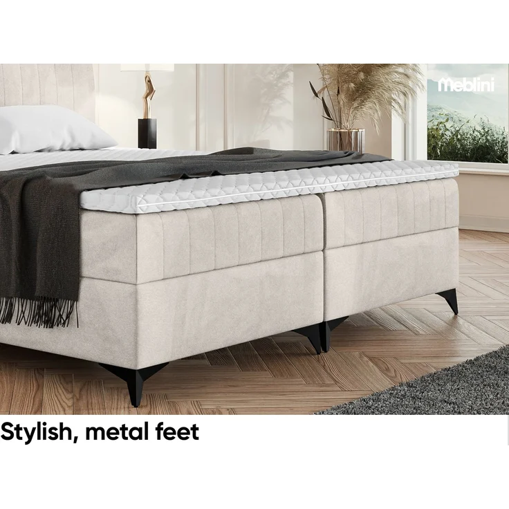 MEBLINI Boxspringbett NANI 140x200cm - H3P/Beige Samt - mit Bettkasten - Polsterbett - Doppelbett mit Topper & Taschenfederkern-Matratze – Bild 6