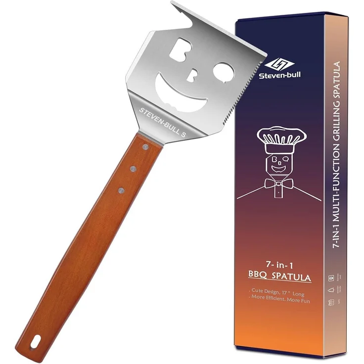 Steven-bull 7-in-1 Grillspachtel, Edelstahl silber / Holzgriff, 43 cm – Bild 1