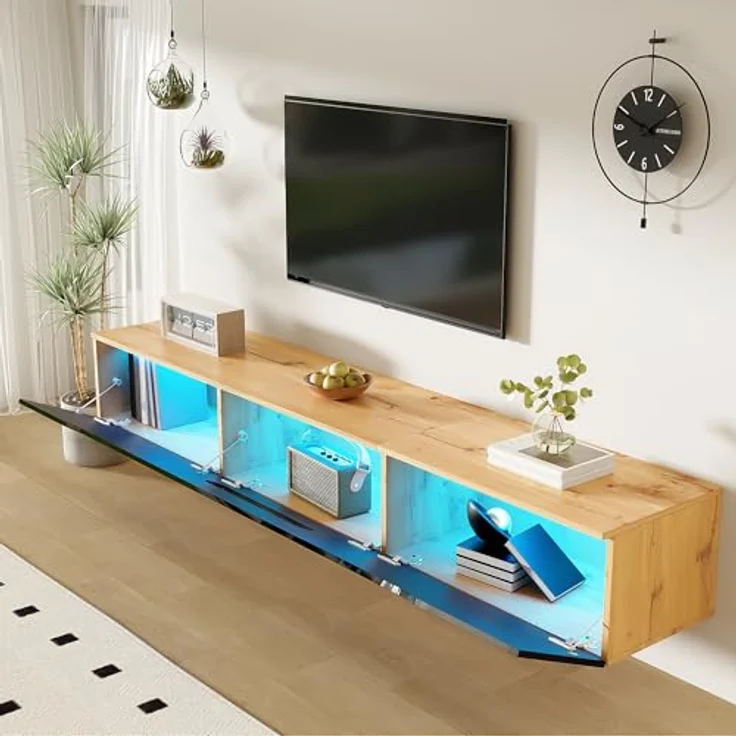 Ball & Cast TV Board Hängend & Stehend mit 3 Staufächern und integrierter Beleuchtung, 180 x 35 x 30 cm, Schwarz + Original Holzfarbe – Bild 4