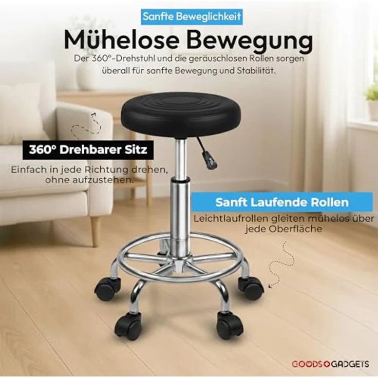 Goods+Gadgets Drehhocker Drehhocker – Arbeitshocker – Rollhocker – Höhenverstellbar Bürohocker (höhenverstellbarer), Praxishocker Rollhocker – Bild 5