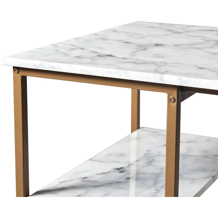 Teamson Home Marmo 3-Stücke Frühstücks-Ess-Set, Bartisch und 2 Gepolsterte Hocker mit Stauraum, Tischplatte aus Weißem Marmor und Beine in Gold-Messing-Finish – Bild 8