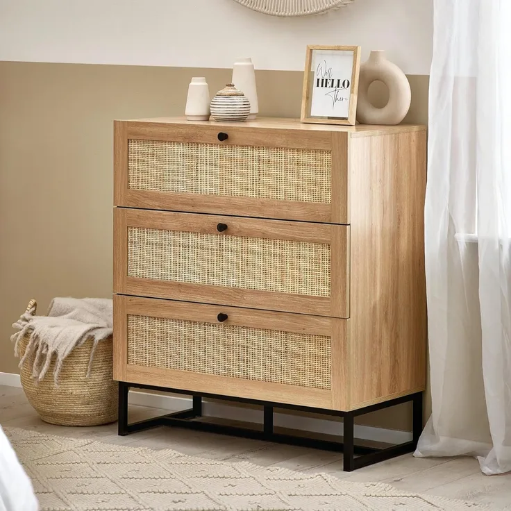 Julian Bowen Padstow Kommode mit 3 Schubladen, Eiche, Melamin mit Rattanfront und Metallsockel, Oak, 3 drawer