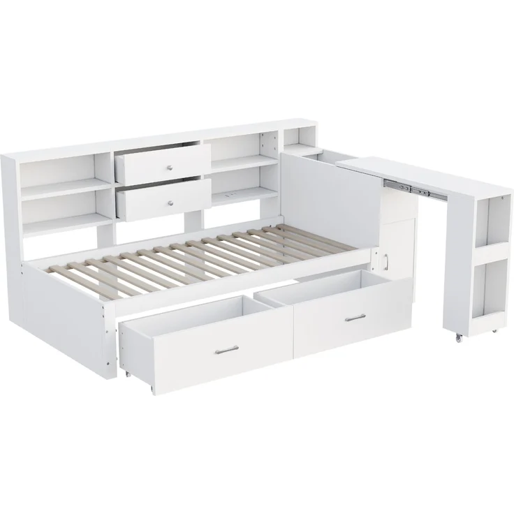 Merax Einzelbett, Jugendbett, Holzbett, Holzschlafsofa 90 x 200 cm, multifunktionaler Stauraum, 2 große Schubladen, Multifunktionssteckdose, ausziehbarer Schreibtisch, weiß – Bild 7