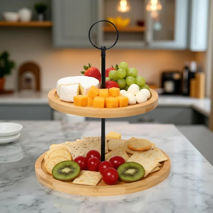 2-stöckige Etagere Bambus – Servierplatte für Obst, Snacks & Gebäck – Bild 4