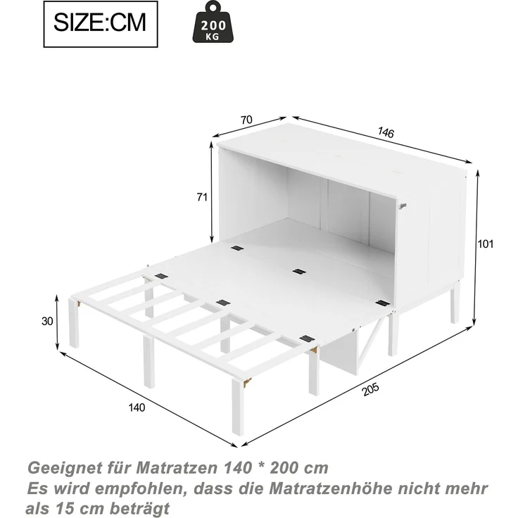 Novelux Schrankbett 140x200 cm vertikales Wandklappbett mit Lattenrost – Platzsparendes Jugendbett für kleine Räume, Holz & Metall, Weiß/Grau, bis 200kg – Bild 2
