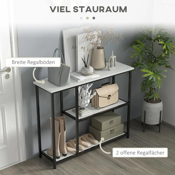 HOMCOM Konsolentisch, Flurtisch mit 2 Ebenen, Standregal, Beistelltisch, Sofatisch mit Kippschutz für Wohnzimmer, Diele, Stahl, Weiß, 100 x 30 x 80 cm – Bild 4