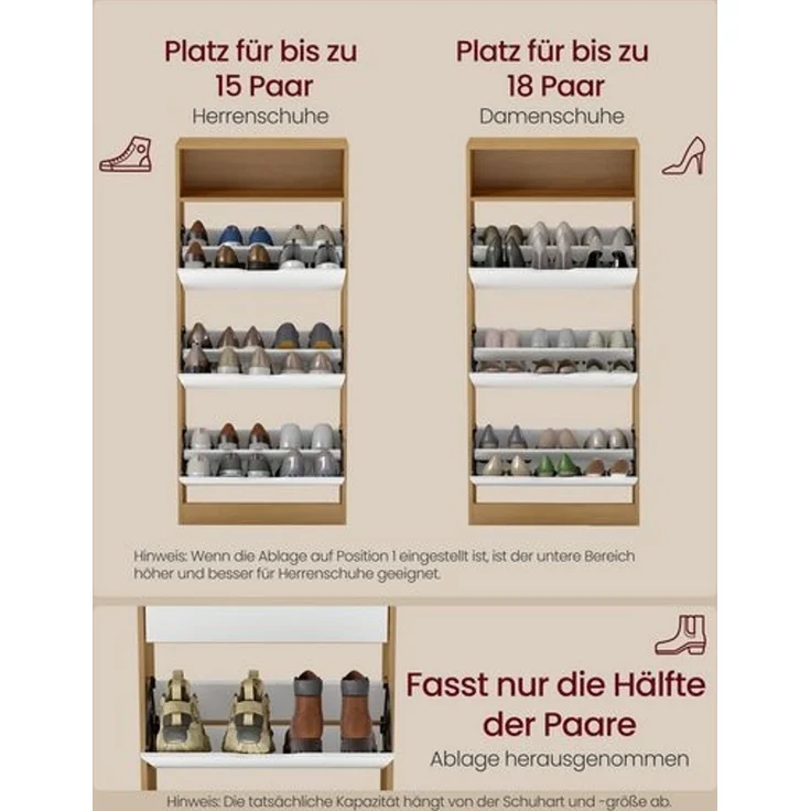 VASAGLE Schuhregal 3 Klappen, mit verstellbarer Trennwand, Schuhaufbewahrung, offenes Fach, 24 x 60 x 139 cm, eichenfarben-weiß – Bild 5