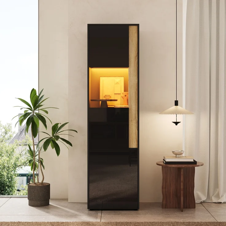 Vitrine, Aufbewahrungsmöbel, hoher Schrank mit LED-Beleuchtung, 2 Türen (eine davon aus Acryl). Geeignet für Wohnzimmer, Büros und Küchen. Schwarz+Natural. Maße: B50 x T40 x H179 cm. – Bild 5